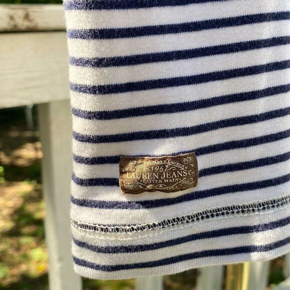 Lauren Jeans Co Navy Blue Stripe Elbow Patch Zipper Top - Picture 6 of 6